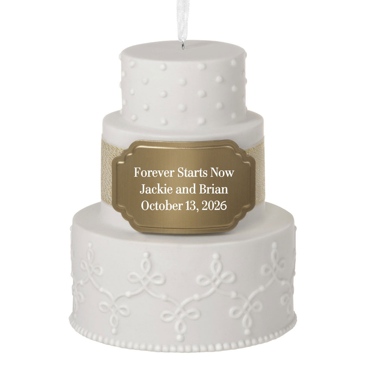 Wedding Cake Ceramic Personalized Ornament, Custom Text